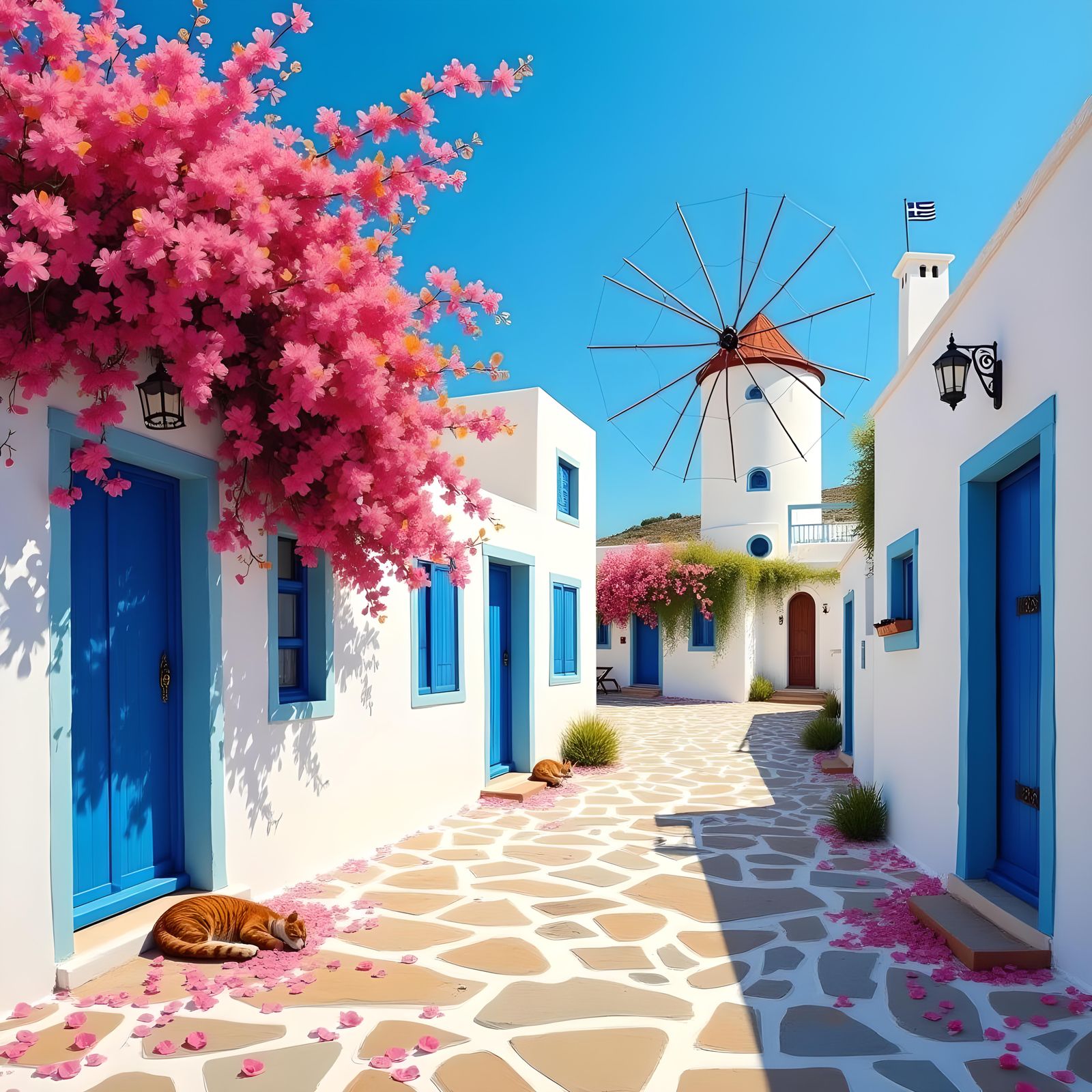 Greek Island in Impressionist Gouache Style