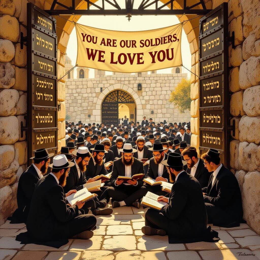 Yeshiva Students Studying Under Banner in Golden Light