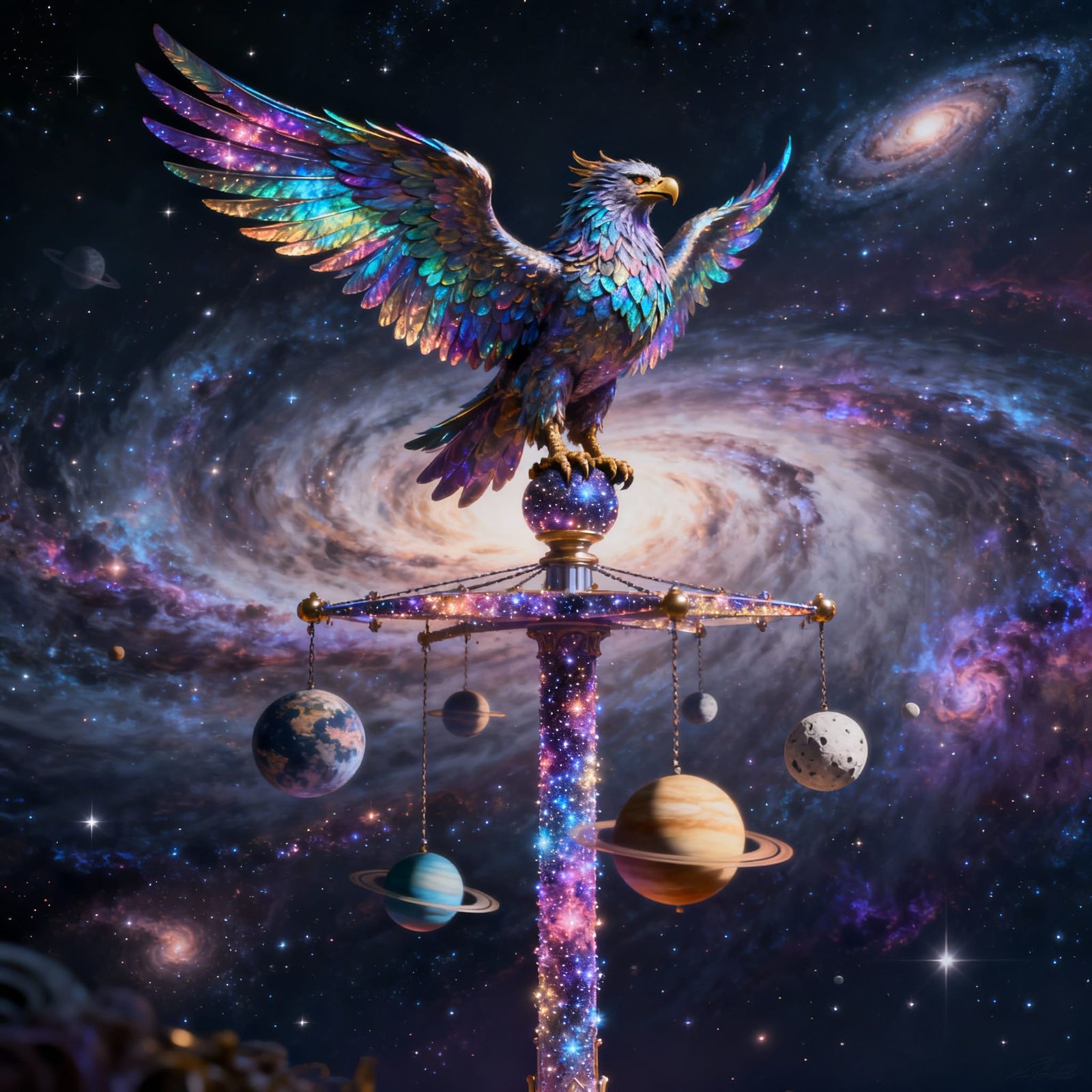 Majestic Griffin on Celestial Carousel in Cosmic Fantasy Art