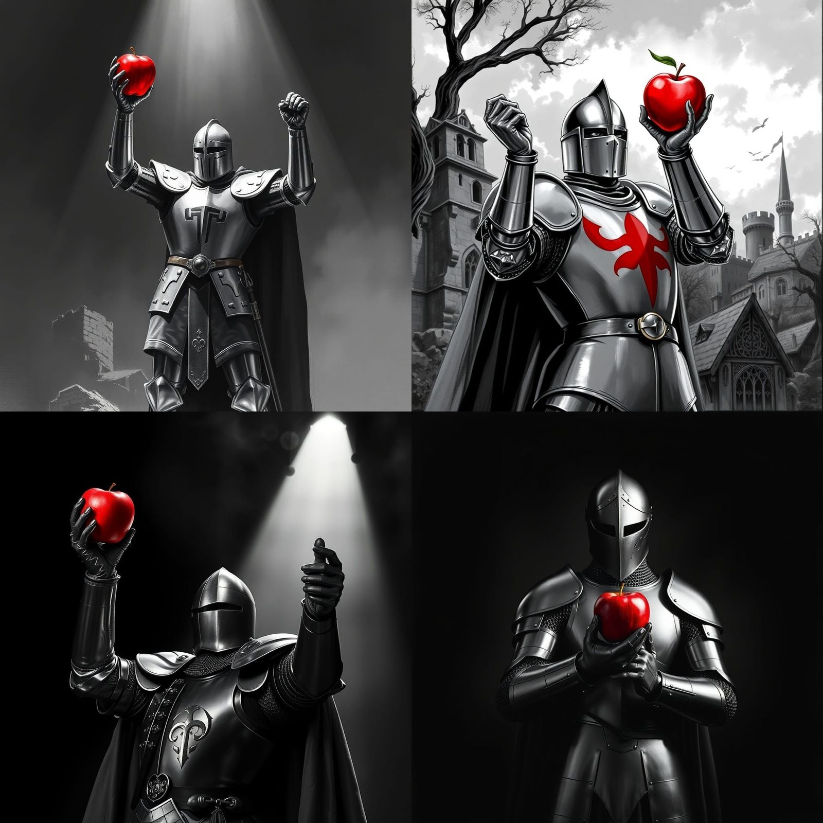 Knight Holds Red Apple in Striking Black and White Scene