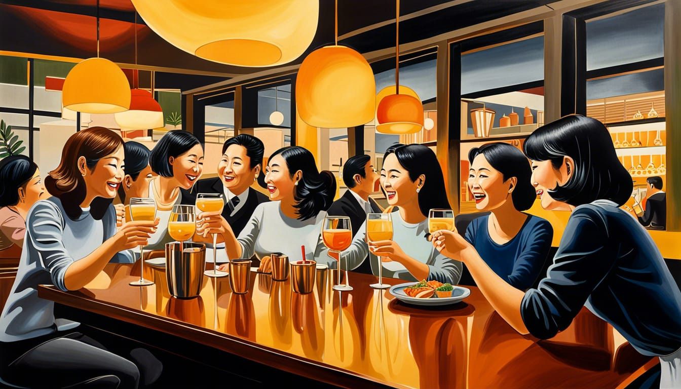 Modern Japanese Women Toasting with Mt. Fuji View