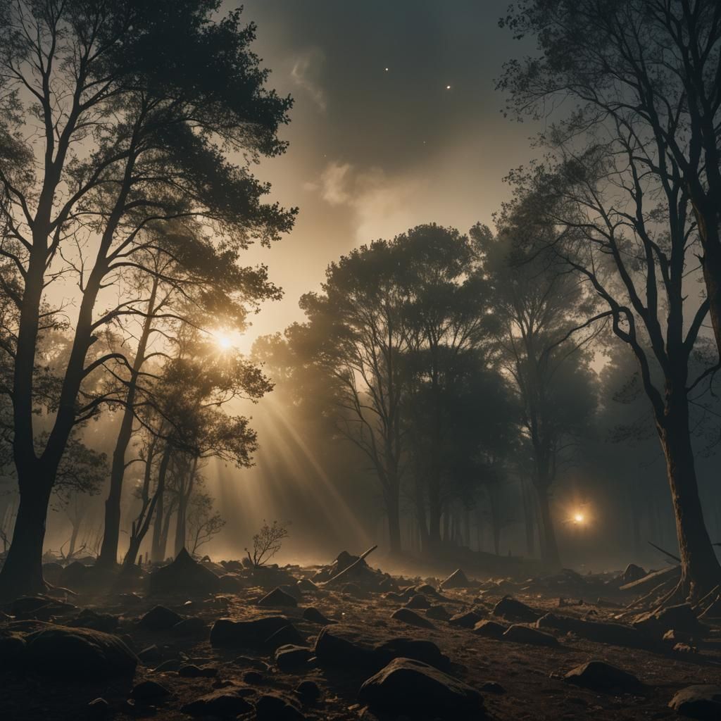 Glimmer of Light Shimmers Above Dark Landscape