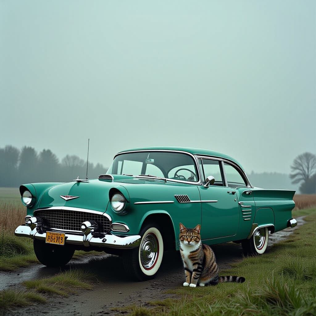 Vintage Car and Cat in Atmospheric Landscape
