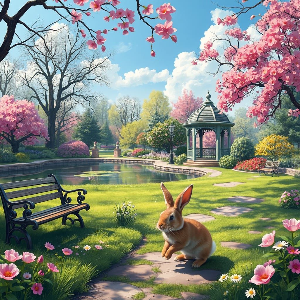 Enchanting Spring Park Scene in Vibrant Storybook Style