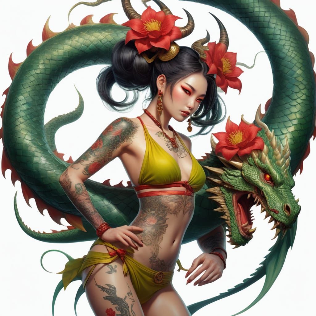 Anime Woman With Dragon and Horns, Digital Painting