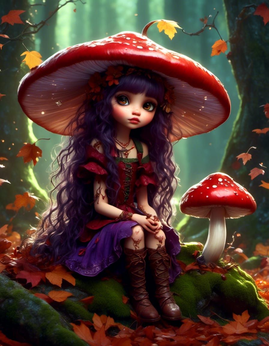 Chibi Forest Fairy Portrait in Autumn Landscape