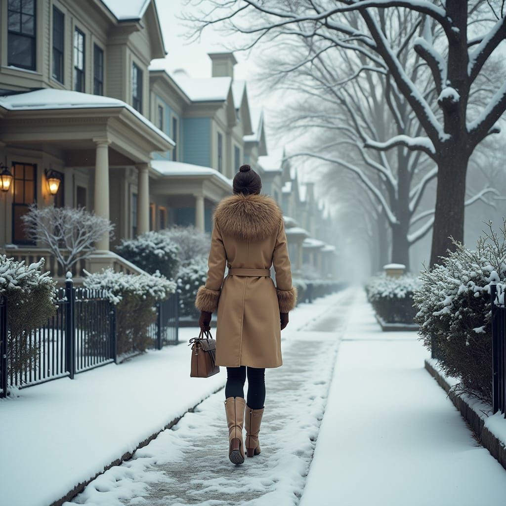 Elegant Woman Walking in Snowy Affluent Neighborhood