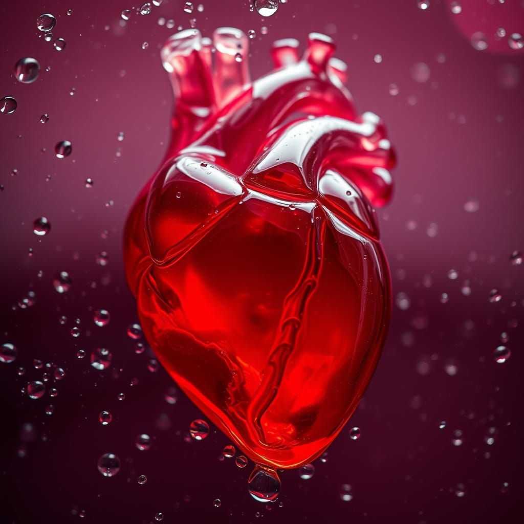 Crimson Glass Heart with Water Droplets