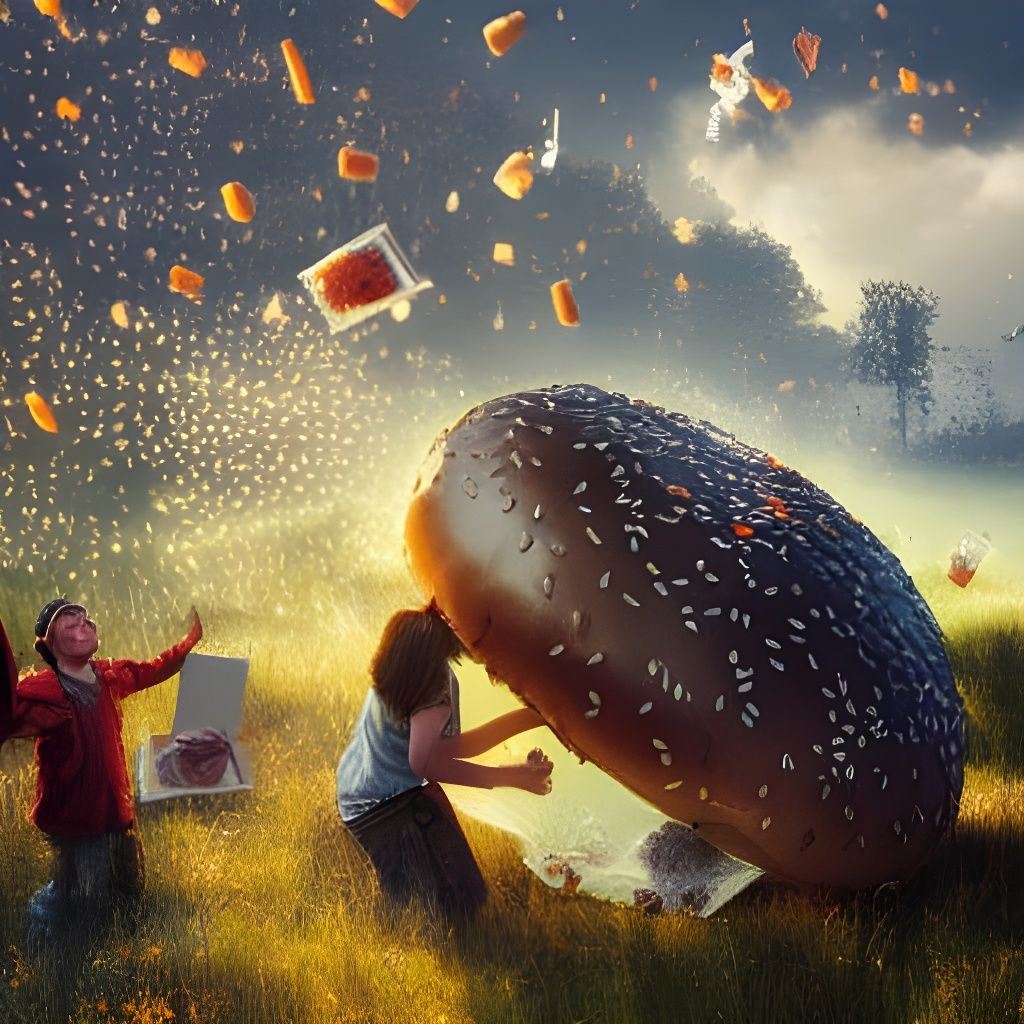 Hamburgers Rain Down on Meadow in Fantasy Art