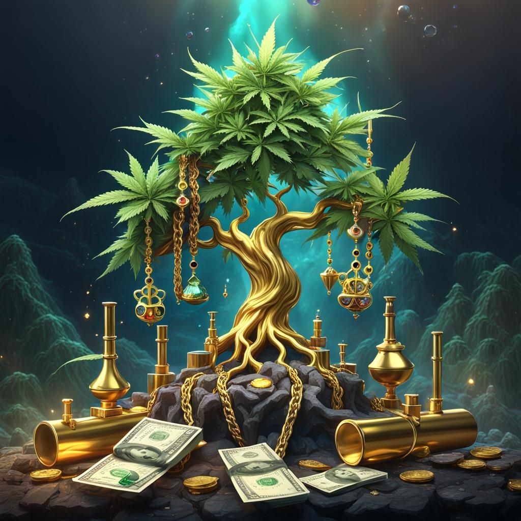 Marijuana Tree with Golden Crown and Jewels