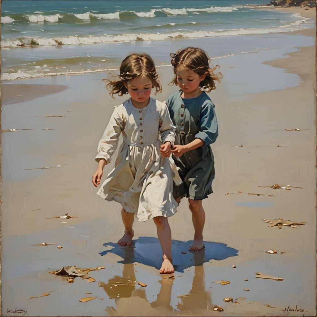Girl Playing on Beach in Oil Painting Style