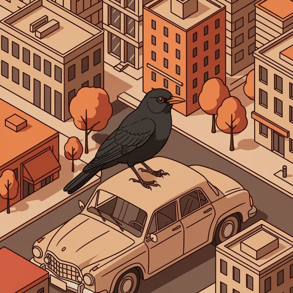 Blackbird on Car Roof in Cityscape, Isometric Art