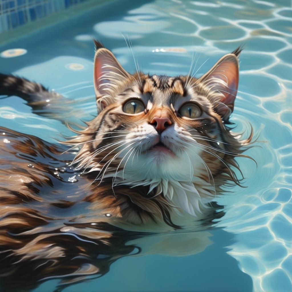 Cat Swimming Realistically, Wet Fur Details