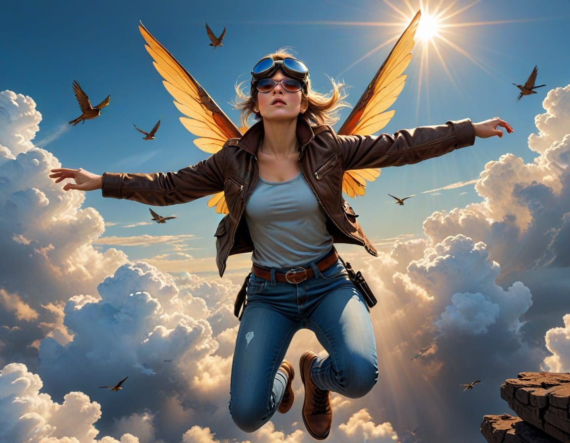 Fairy Pilot Soars Through Cloudy Skies in Dynamic Comic Book...