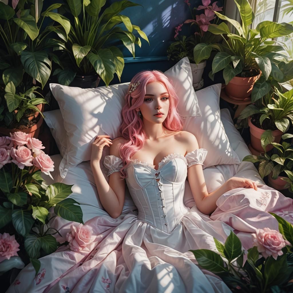 Dreamy Girl with Plants in Art Nouveau Style