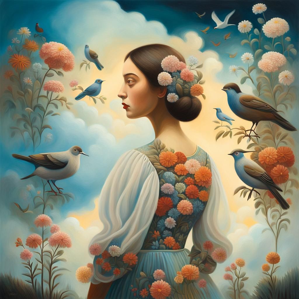 Surrealist Lady in Mystical Forest Oil Painting