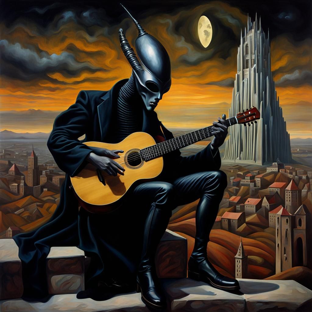 Alien Prince Plays Guitar in Surreal Style