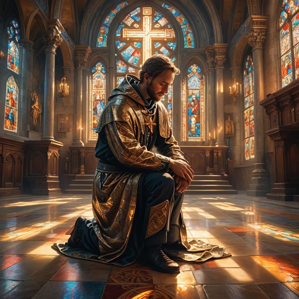 Glowing Figure Kneeling Before Cross in Ethereal Light