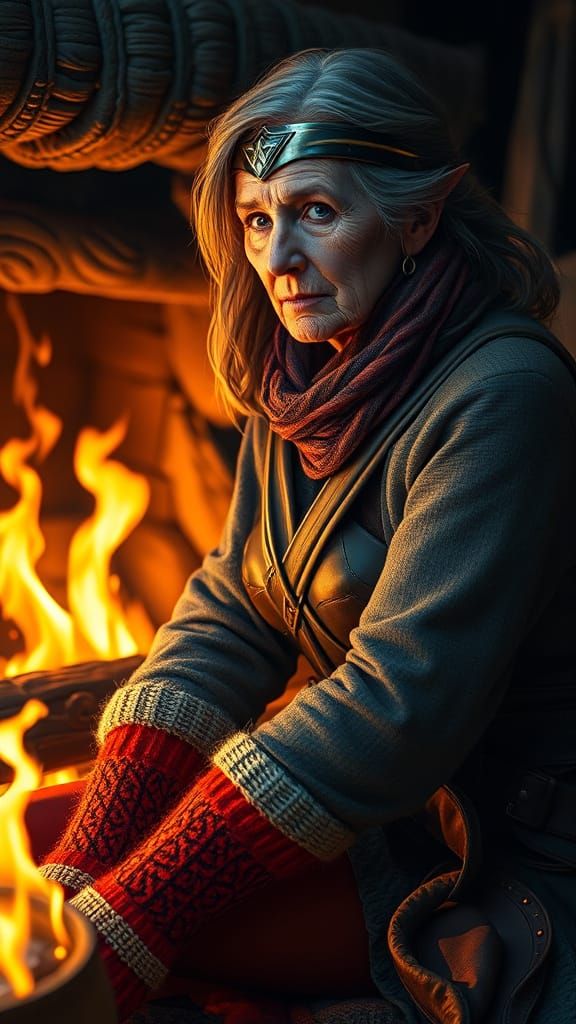 Old Diana Prince by Fire, Digital Art Portrait