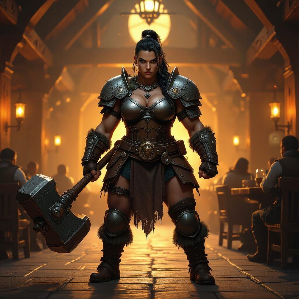 Dwarf Barbarian with Great Hammer in Tavern