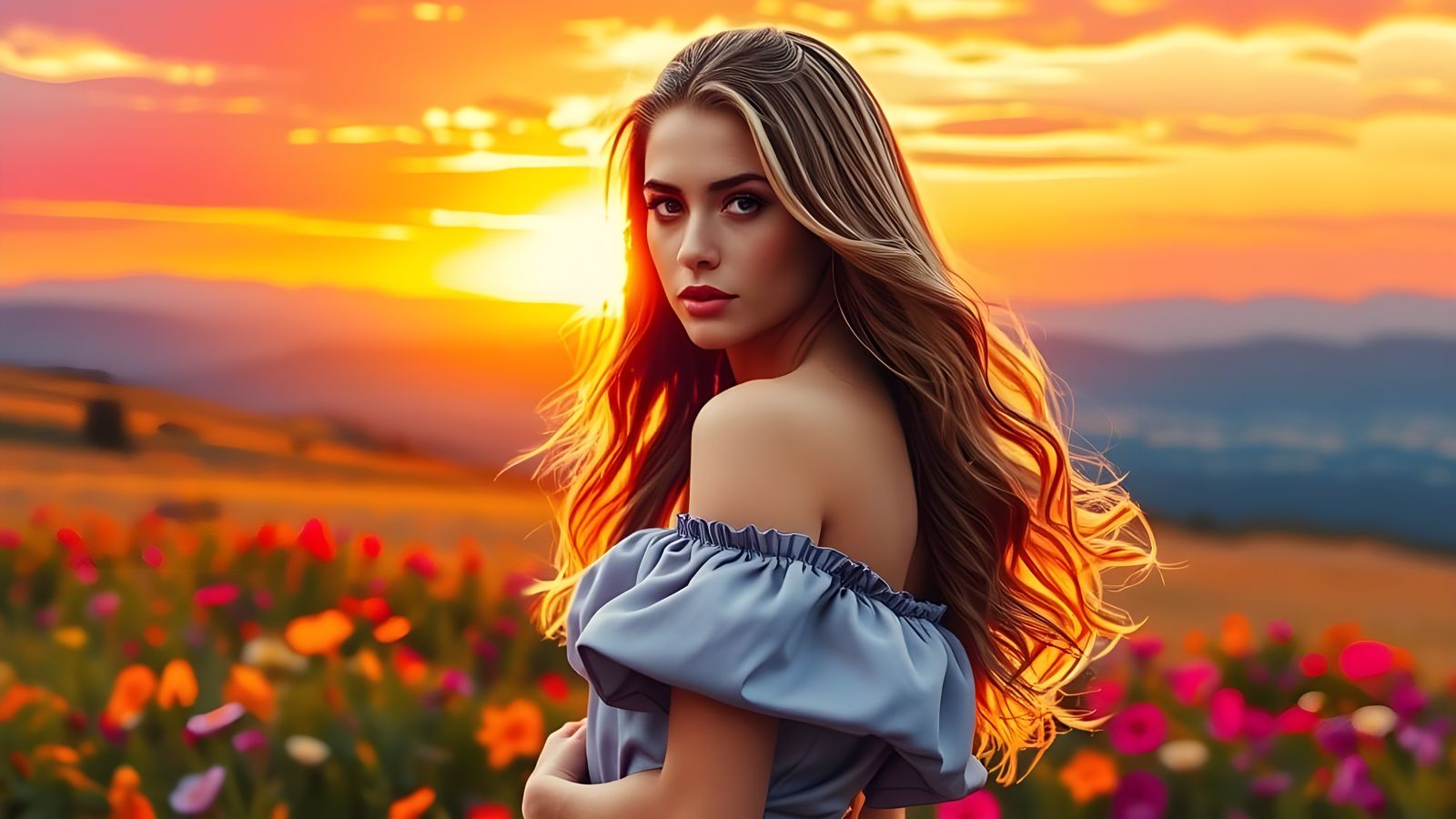Elegant Woman in Sunset Landscape, Graffiti Art Style