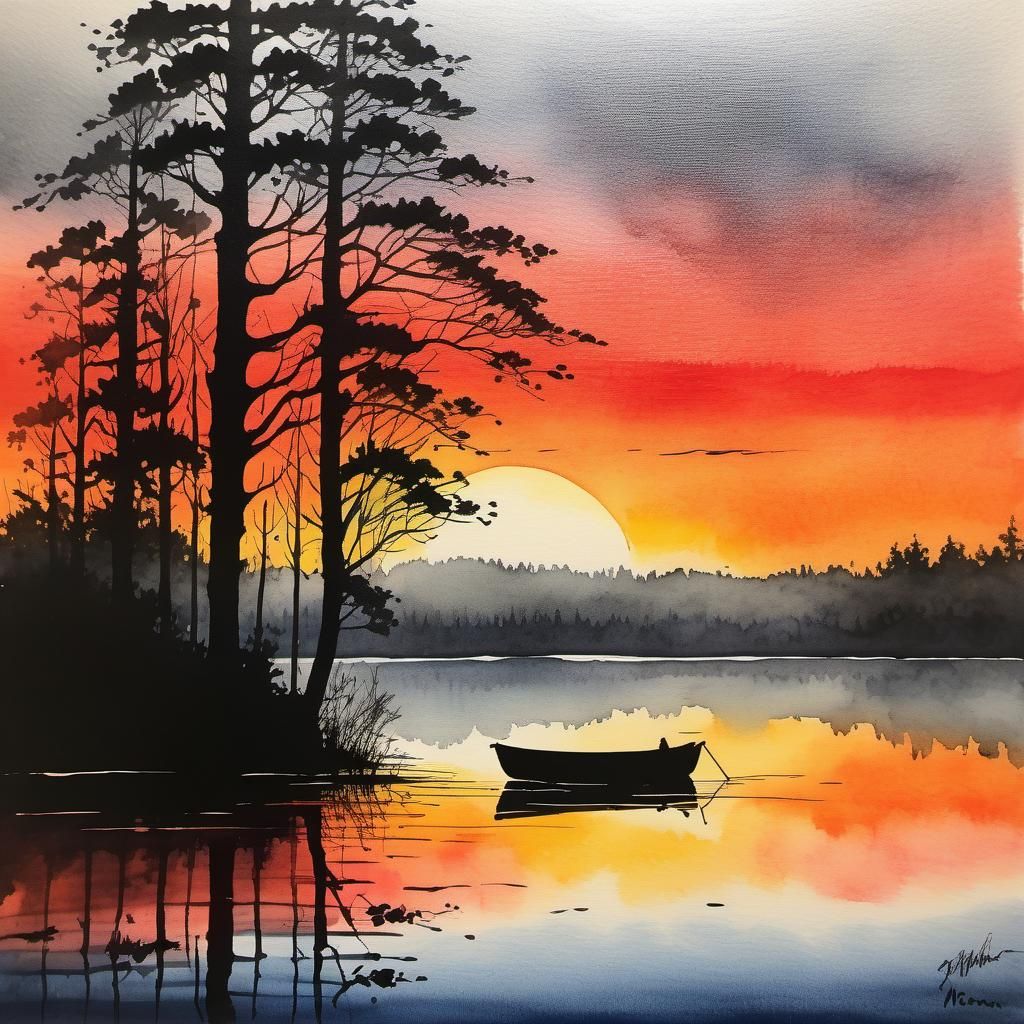 Moored Boat Silhouette at Sunset: Gouache-Style Lake Scene