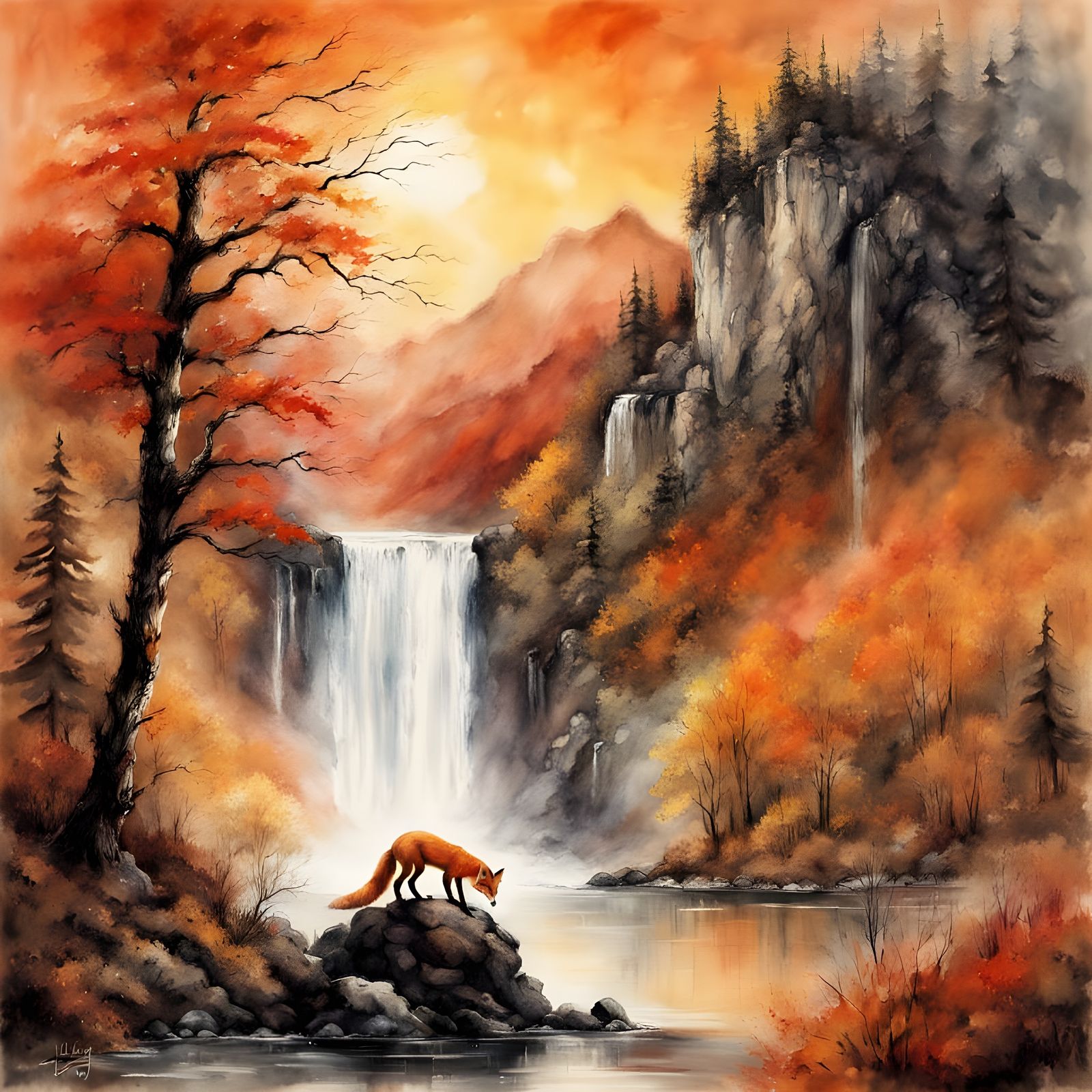 Surreal Autumn Fox in Watercolor Style