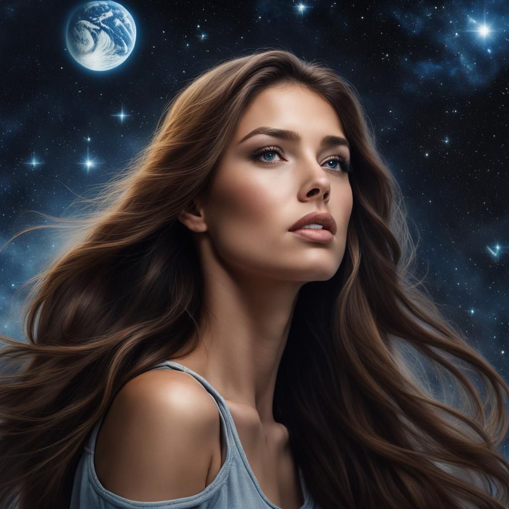 Woman and Wolf Walking in Starry Sky