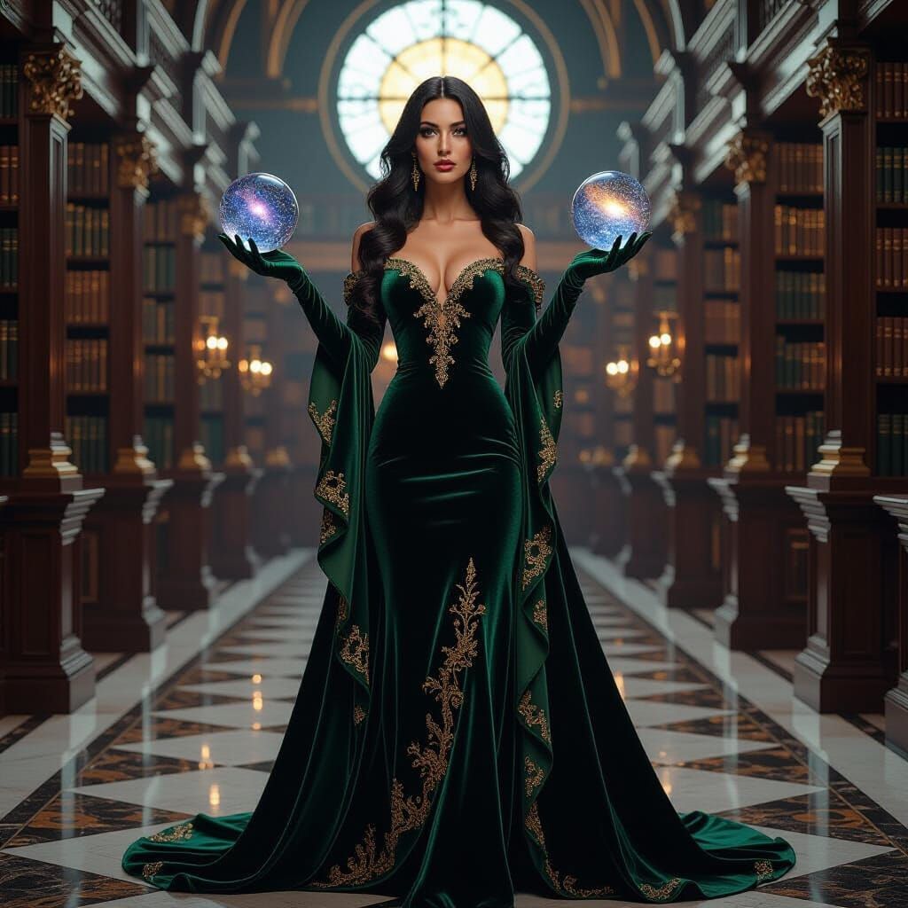Mystical Woman with Crystal Orb in Library