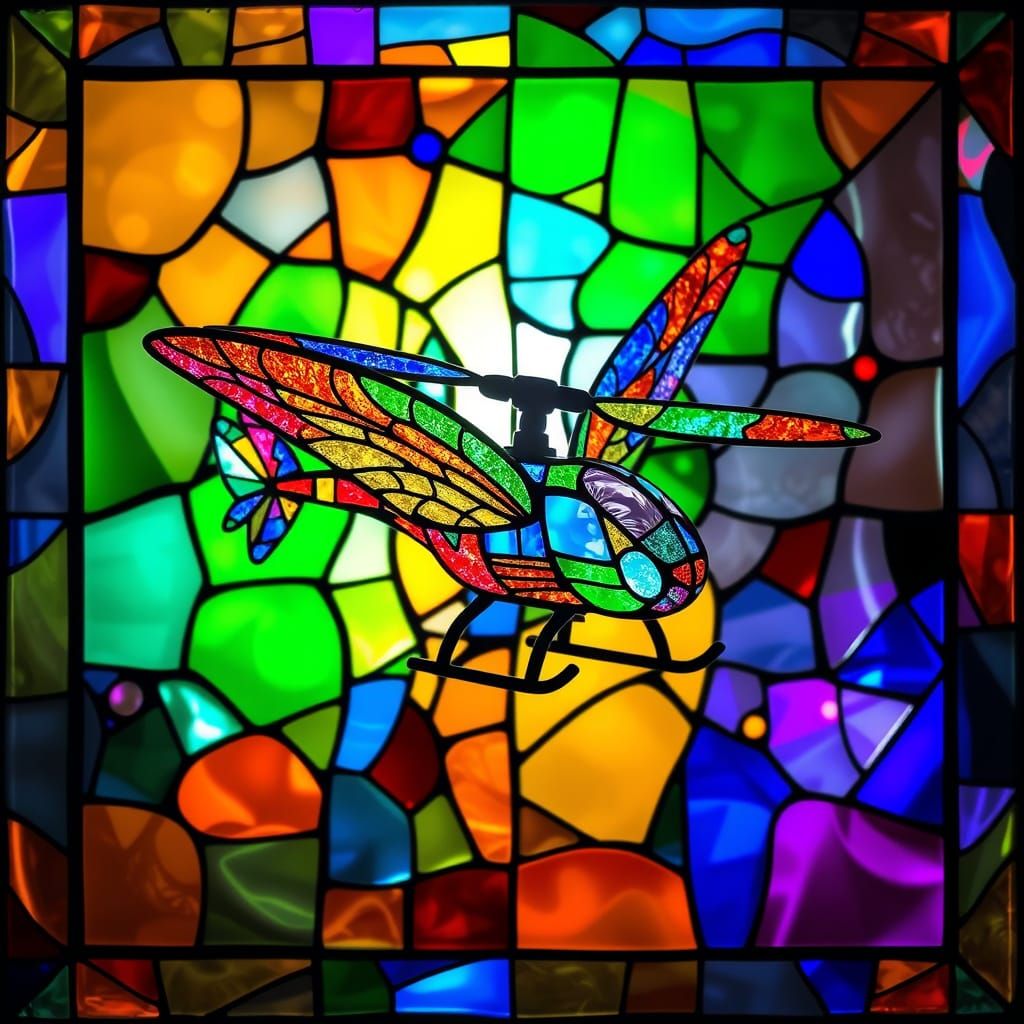 Stained Glass Helicopter in Vibrant, Kaleidoscopic Style