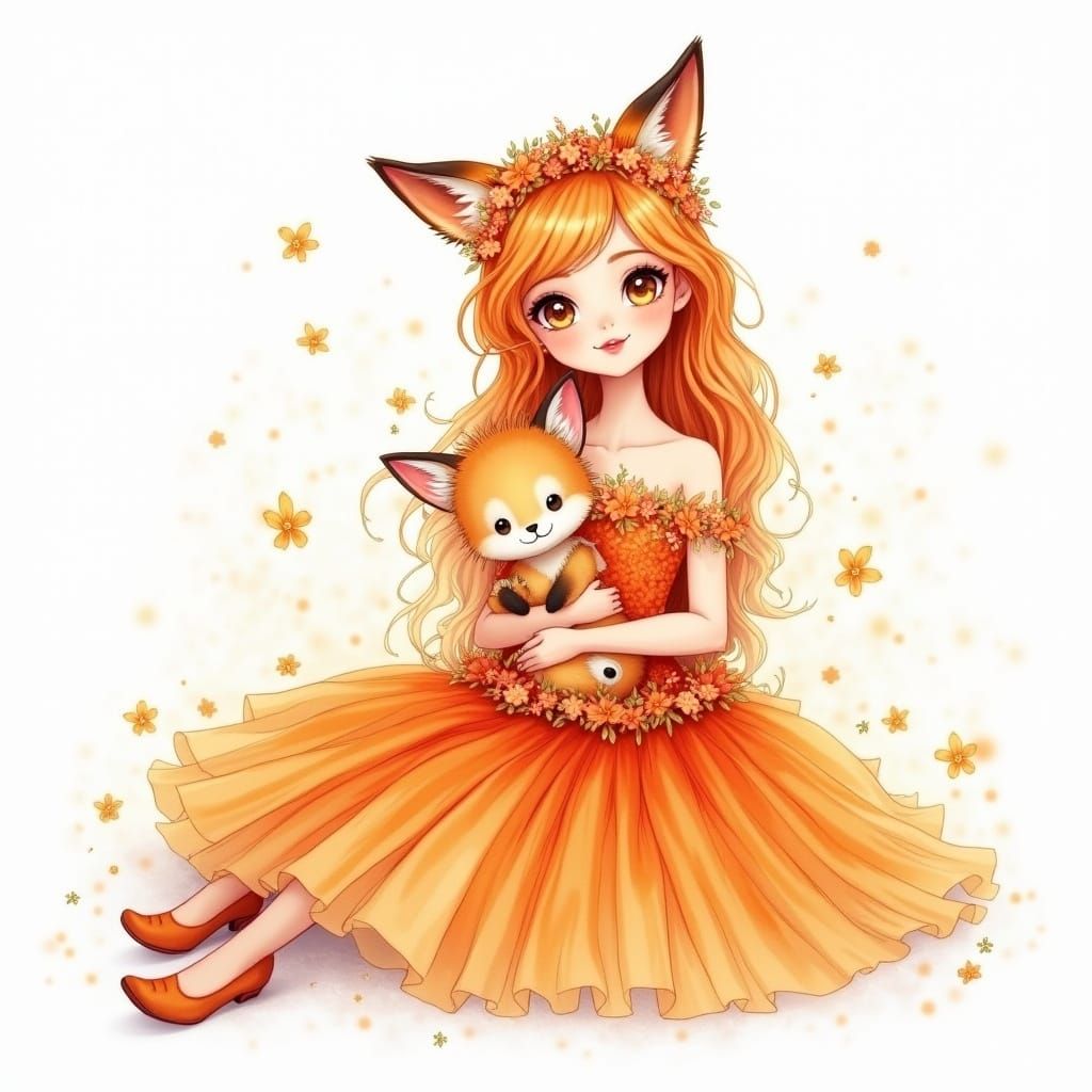 Enchanting Dryad Woman with Fox Cub, Watercolor Style