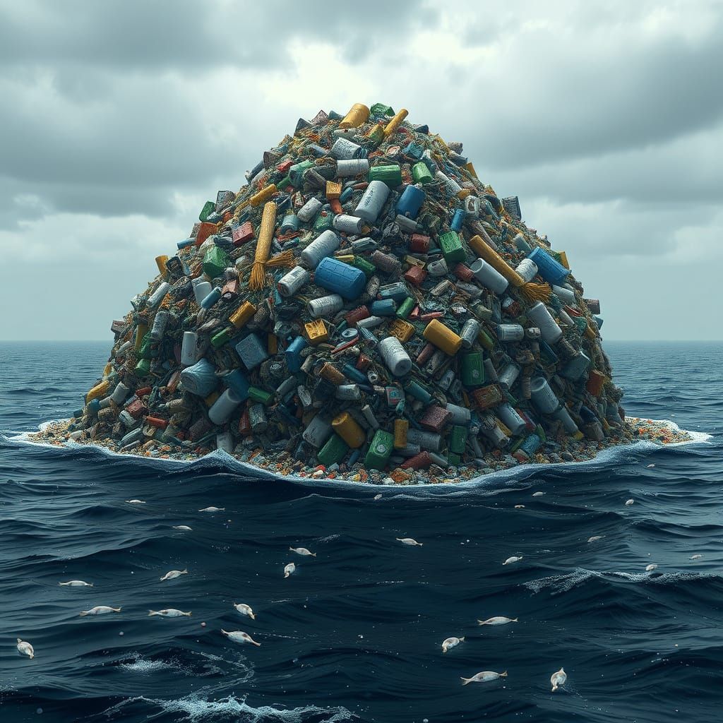 Plastic Waste Island on Dark Ocean in 3D Anime Style