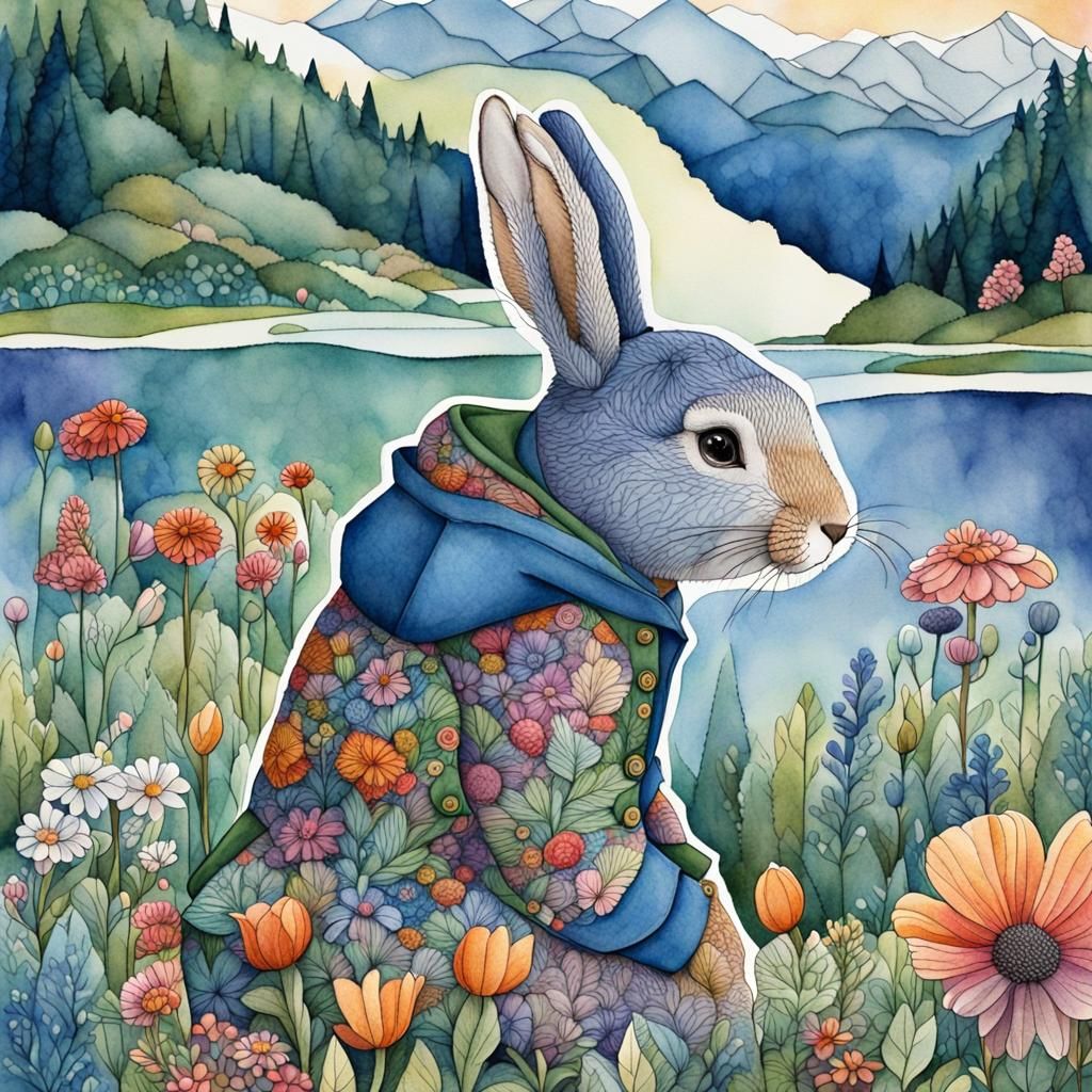 Peter Rabbit in Floral Zentangle Illustration