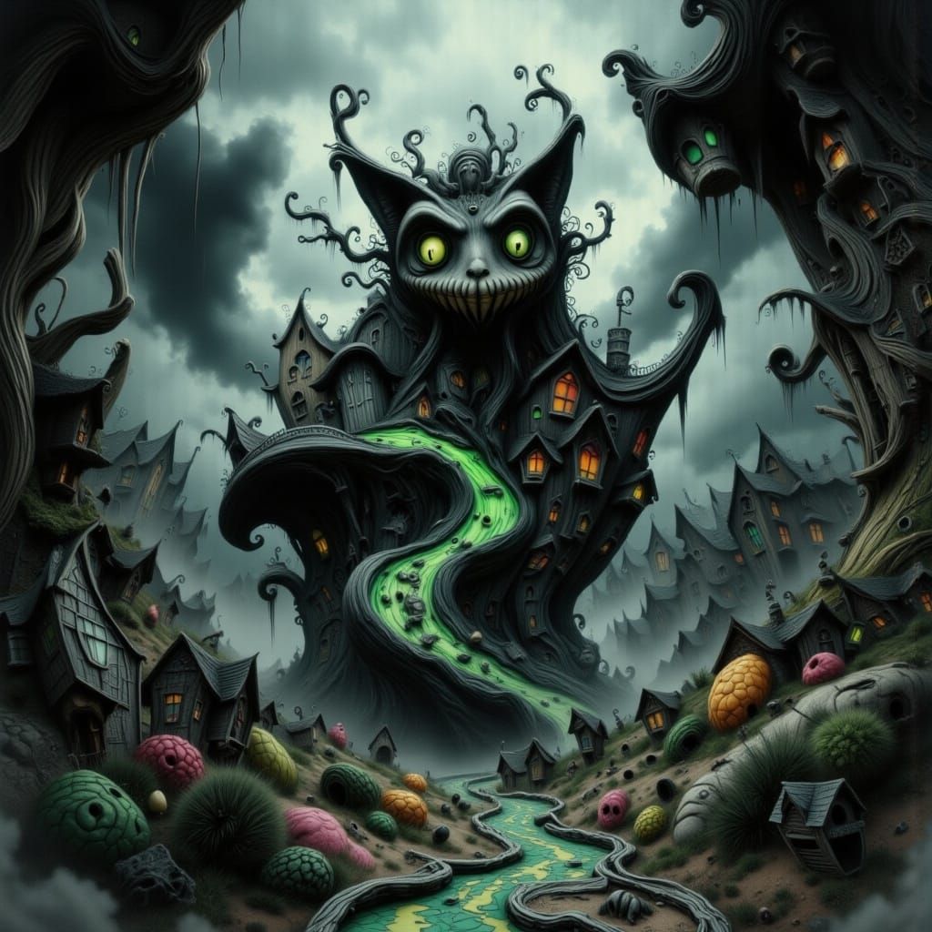 Whimsical Ninja Cheshire Cat Sneaks Through Dark Rainforest