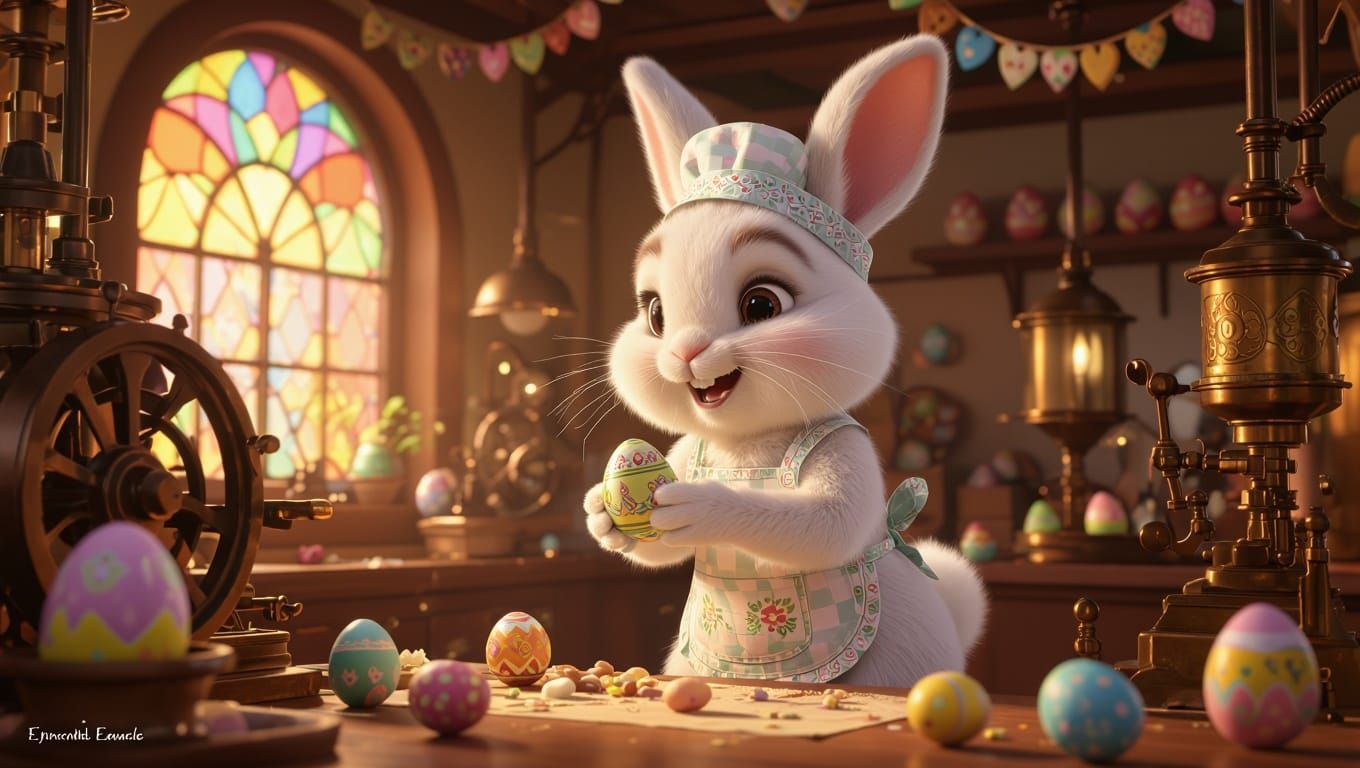 A 3D Disney animation style, with wide-angle shot and bright, warm lighting of a close of a Cute and fluffy bunny, with ...
