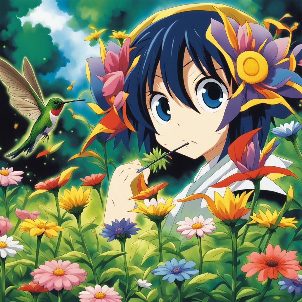 Anime Hummingbird and Bugs Sip Nectar