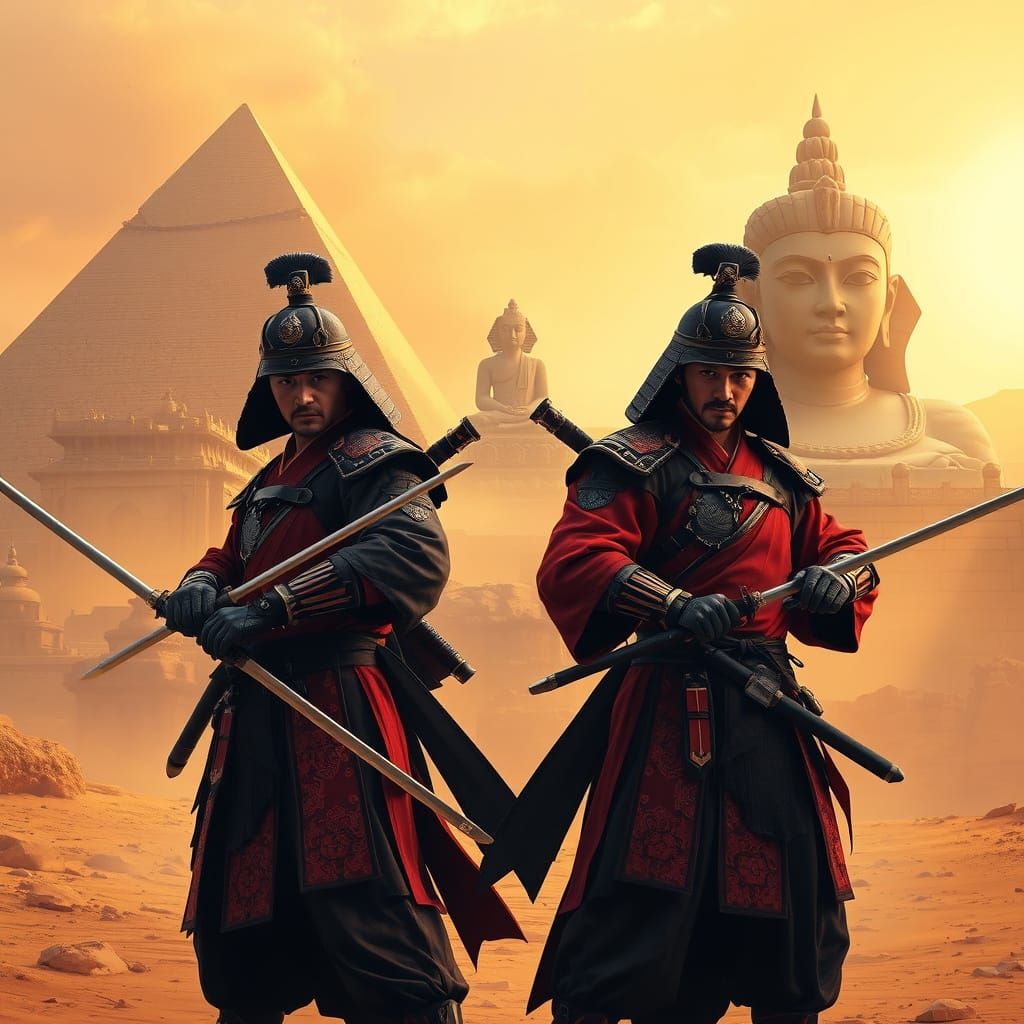 Samurai Guardians Between Sphinx and Buddha: Digital Art