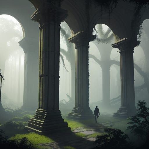 Explorer in Mysterious Overgrown Ruins