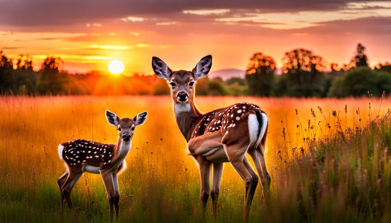 Sunset Meadow with Baby Deer