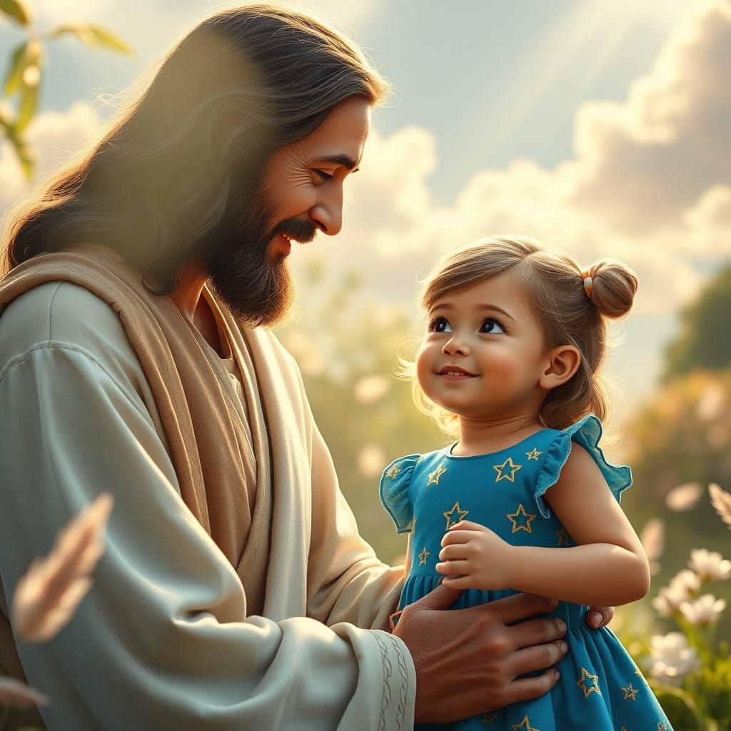 Jesus in Gentle Conversation with a Little Girl in a Blue Dr...