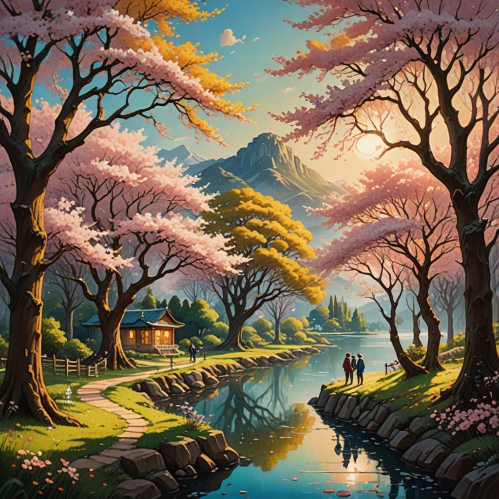 Sakura Whimsy: Idyllic Gathering in a Vibrant Fantasy Landsc...