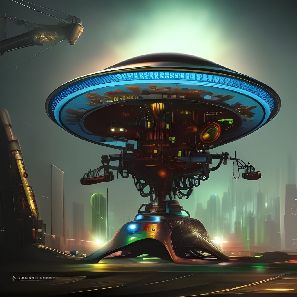 Cyberpunk UFO Steampunk Engine: Detailed Matte Painting