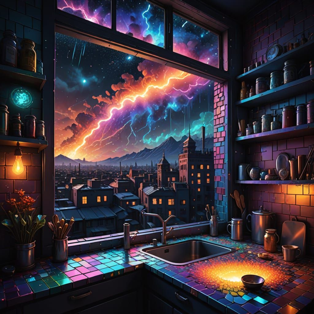 Trompe L'oeil Scene in Immersive Atompunk Style