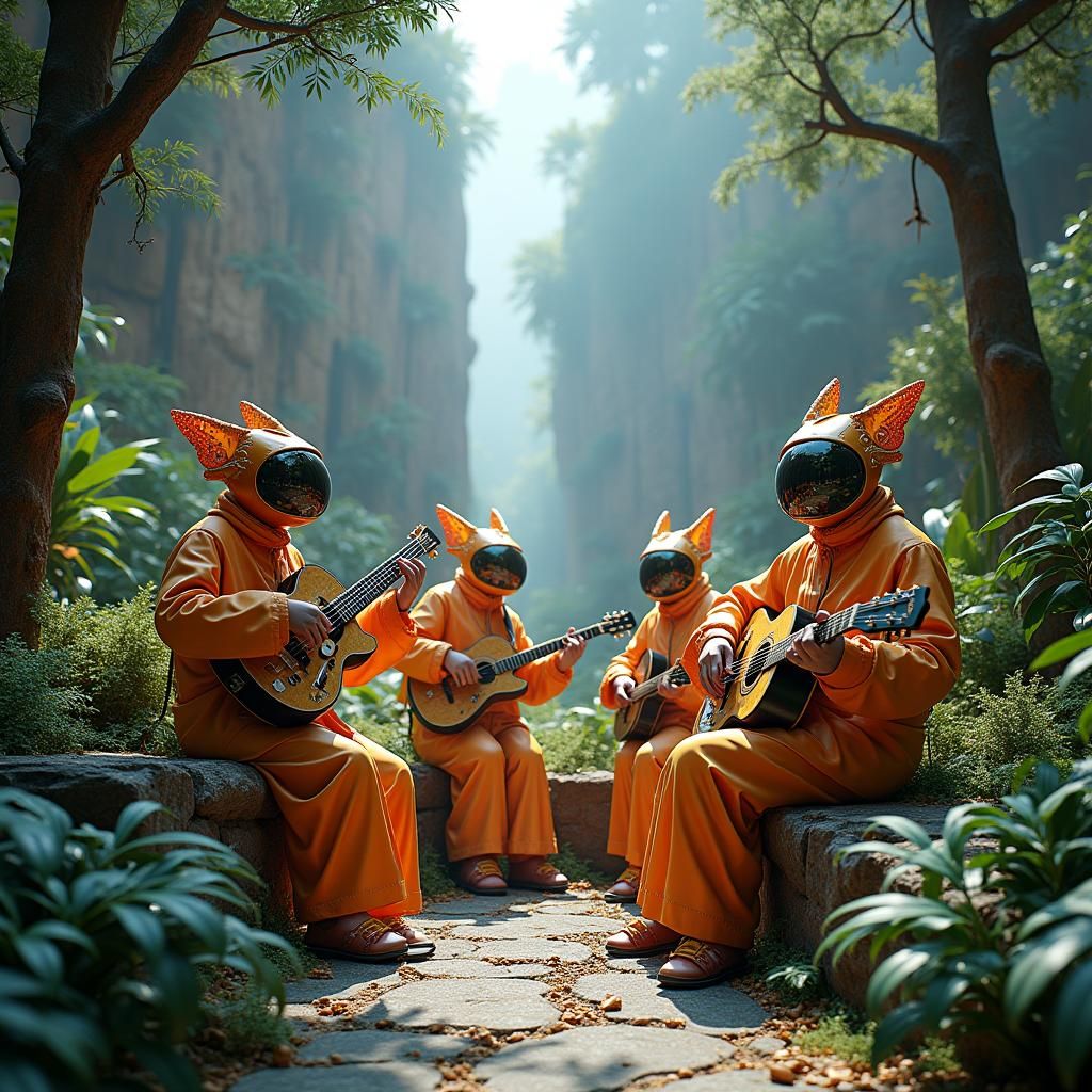 Futuristic Musicians in Jungle City with Organic Architectur...