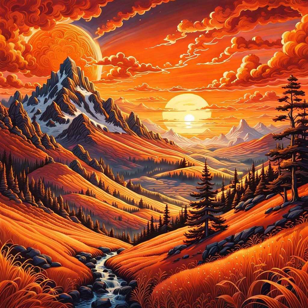 Fantasy Landscape Sunrise in Watercolor Style