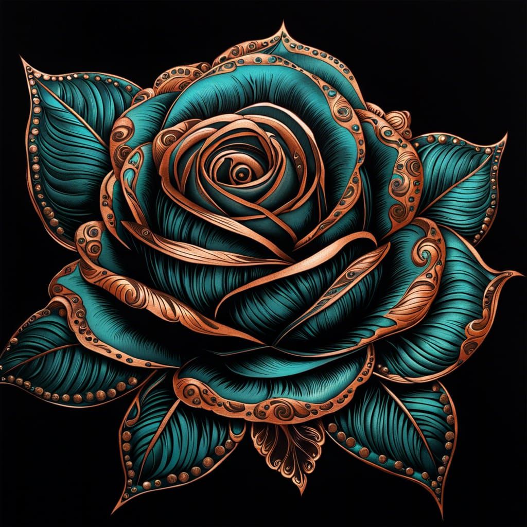 Intricately Detailed Teal Rose with Copper Accents