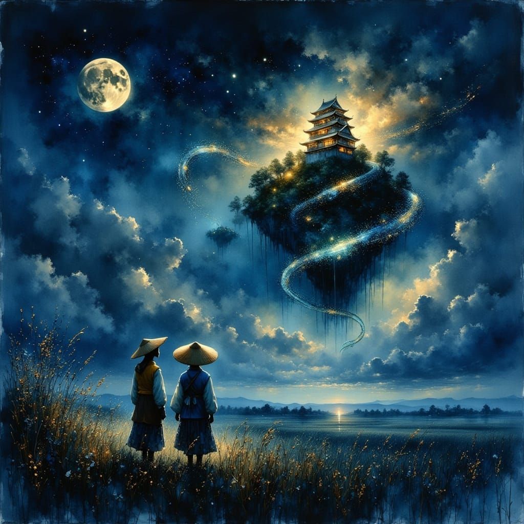 Mystical Night Scene: Peasants Gaze at Floating Castle and D...