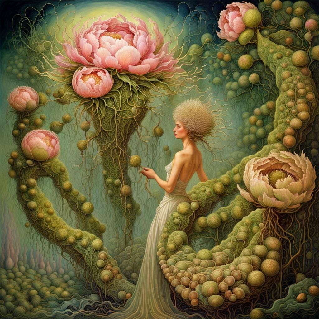 Peonies and Seed Pods in Optical Art Style