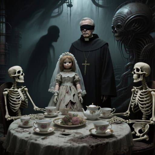 Decaying Doll Bride at Sinister Victorian Tea Party
