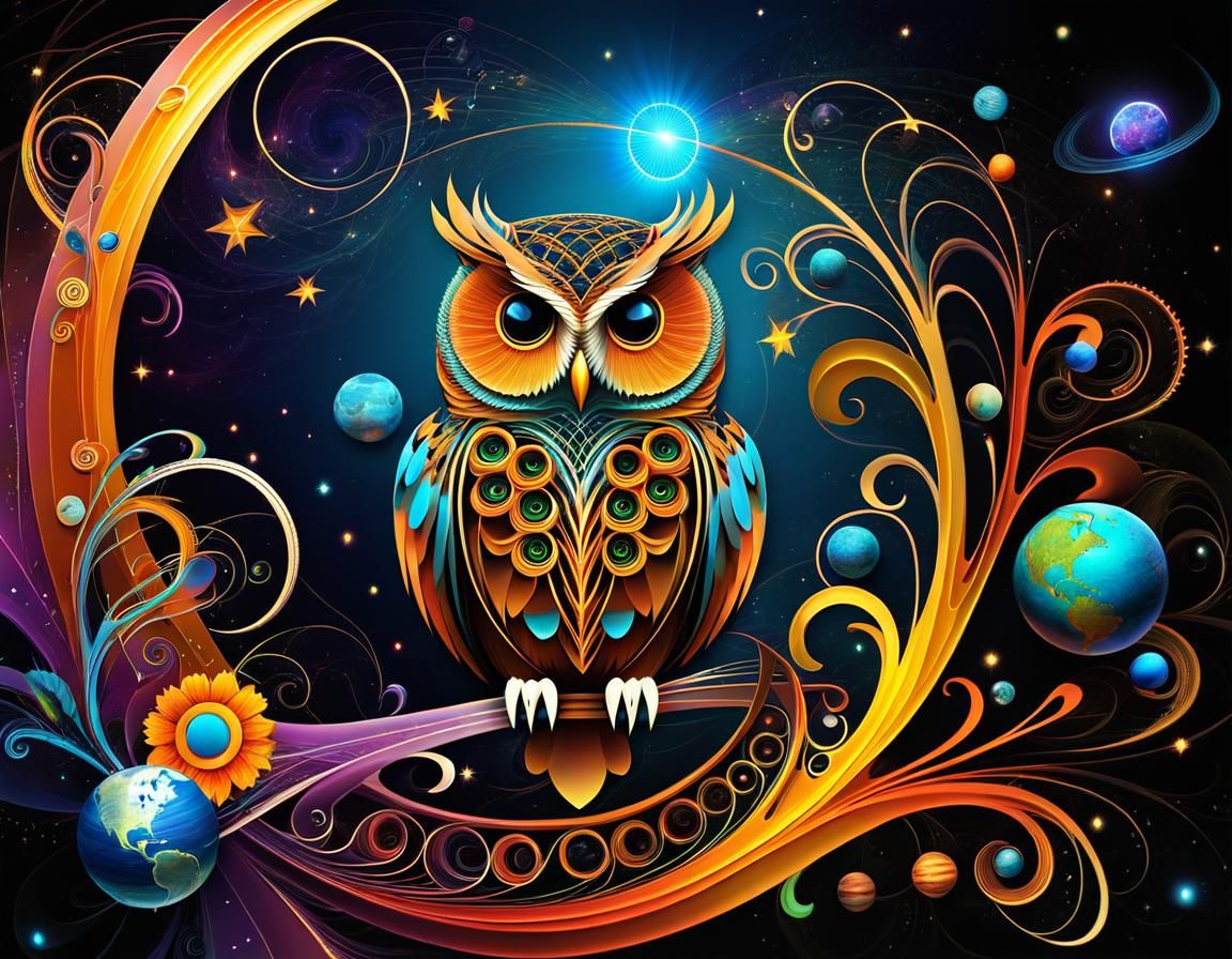 Surreal Music Tree with Owls and Planets